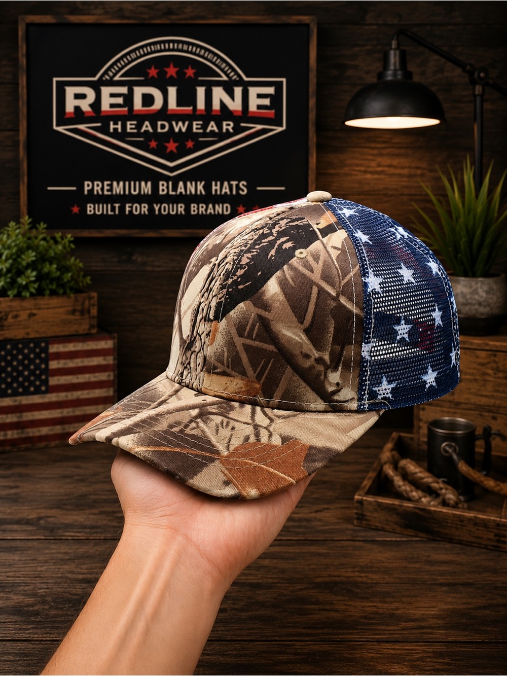 USA Flag Mesh Back Realtree Camo Trucker Hat | Low Profile Adjustable Cotton Cap